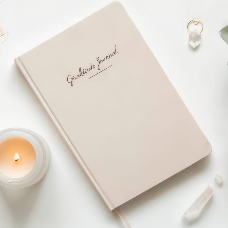 A gratitude journal, candle and jewellery arranged on a white surface