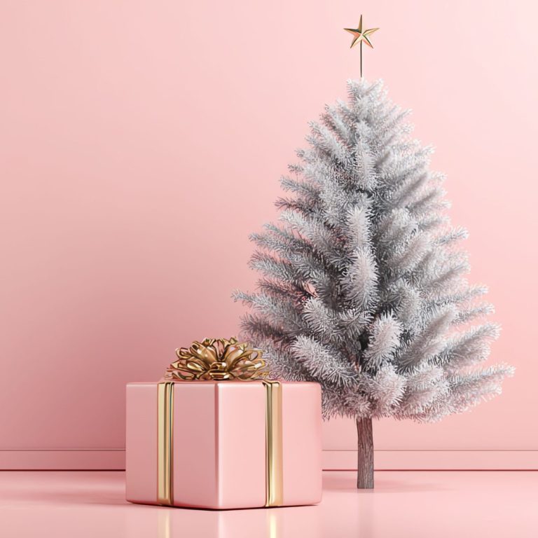 A pink Christmas tree with a wrapped gift on a pink background