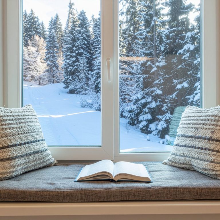 An open book on a window seat overlooking a snowy forest