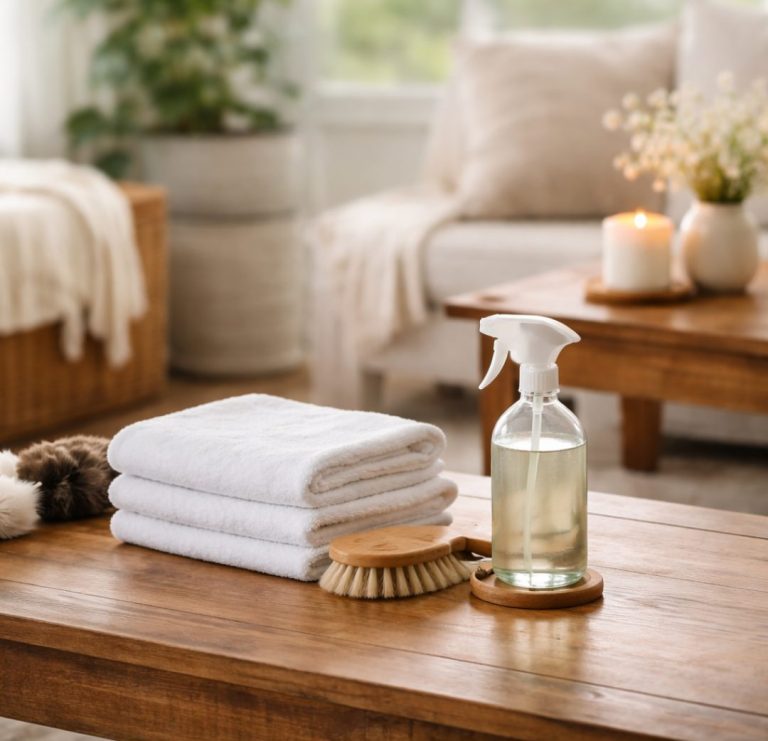 Folded towels, a scrub brush and a spray bottle on a wood table in a cozy living room